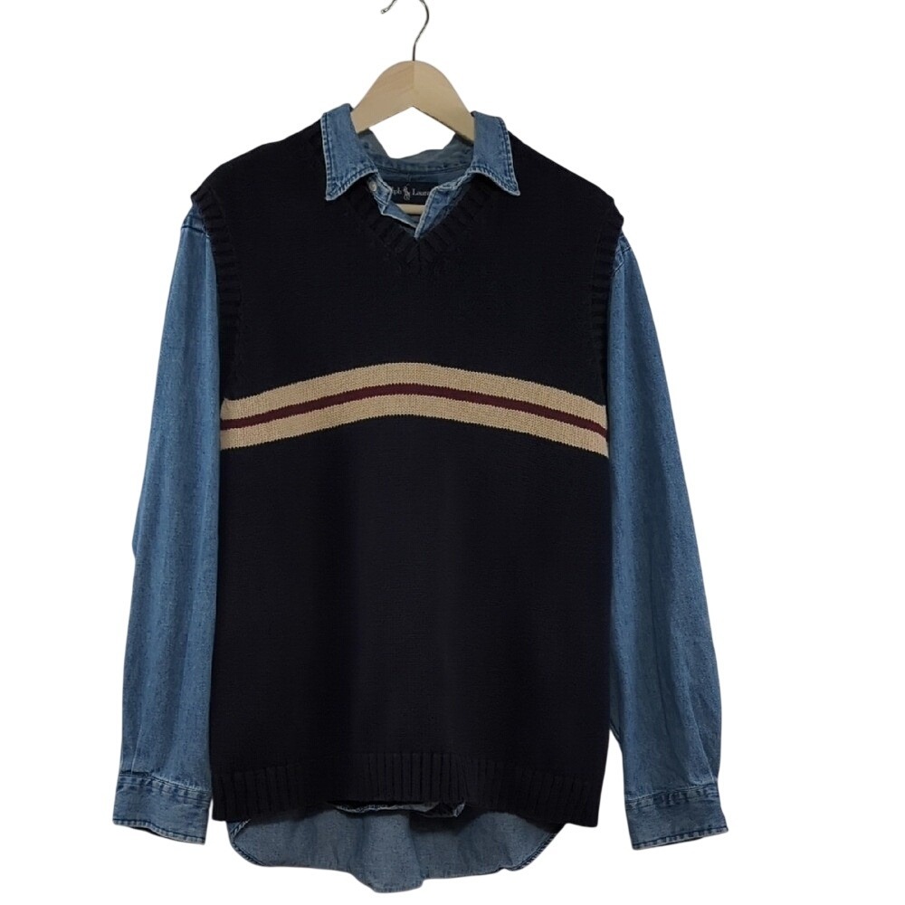 Vintage 90s J. Crew Sweater Vest Navy Blue‎ Cream Red Stripe Cotton Preppy Large